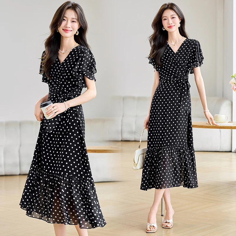 中长款洋气长裙夏季波点画报风波点连衣裙宽松气质