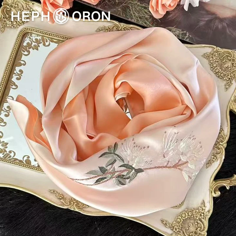 HEPHSORON苏绣丝巾礼盒送妈妈粉色刺绣百搭高级感桑蚕丝真丝围巾