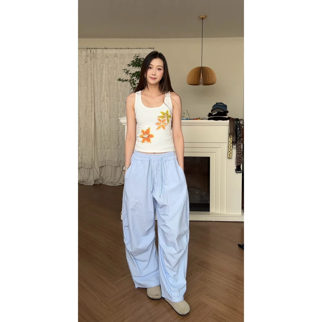 【饭困了】美式复古宽松休闲直筒透气百搭白色点缀裤子夏季阔腿长裤