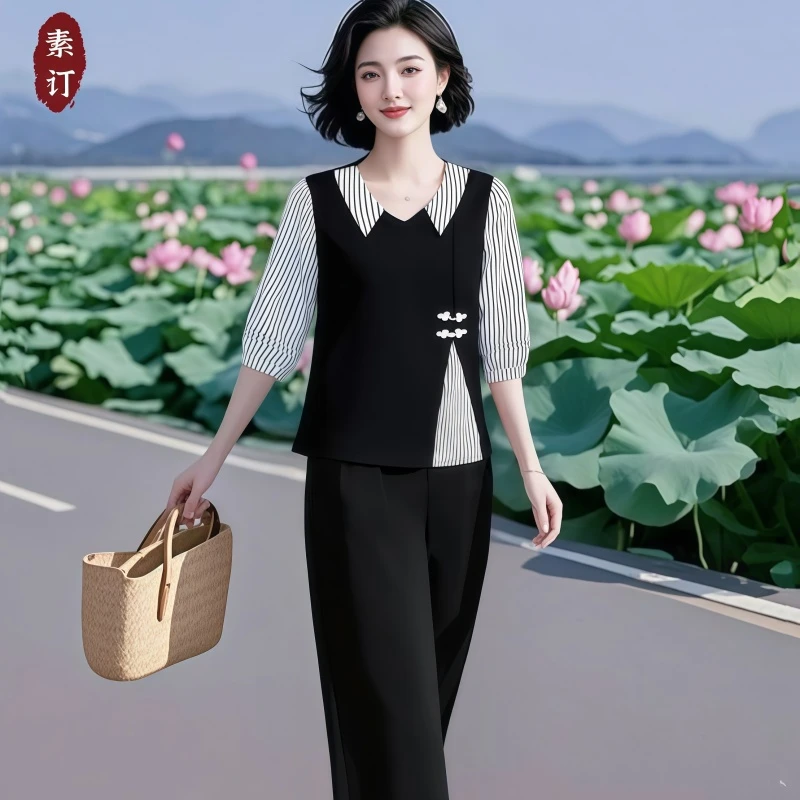 素订女装原创品牌旗舰店条纹拼接上衣+松紧腰垂感阔腿裤套装秋季