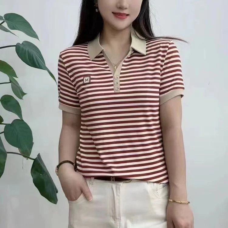 852红夏季时尚宽松打底衫t百搭高档女装翻领POLO休闲条纹短袖T恤