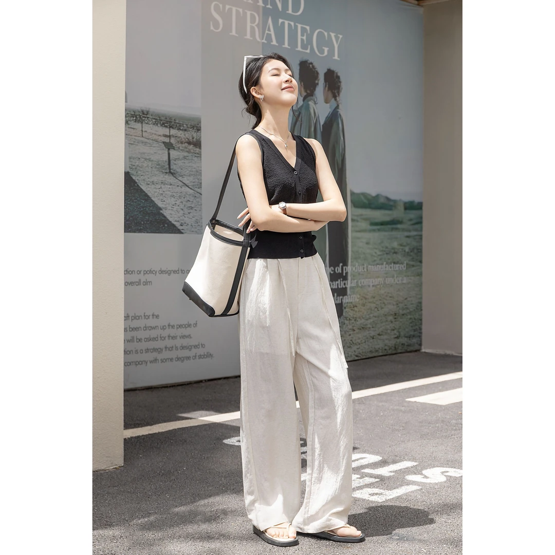 【未开价轻奢专柜】莱赛尔天丝亚麻裤抽绳休闲裤女长裤宽松阔腿裤