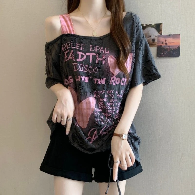 特大码300斤重工破洞蝴蝶贴布抽绳短袖t恤女夏季新款宽松显瘦上衣