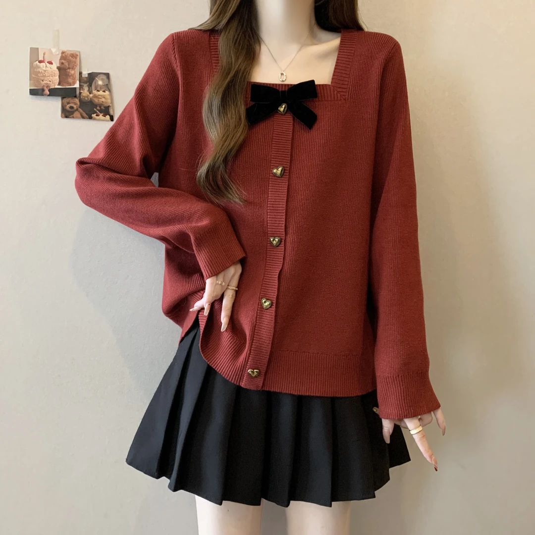 大码遮肚子蝴蝶结方领红色针织衫女秋冬胖MM宽松显瘦百搭洋气毛衣