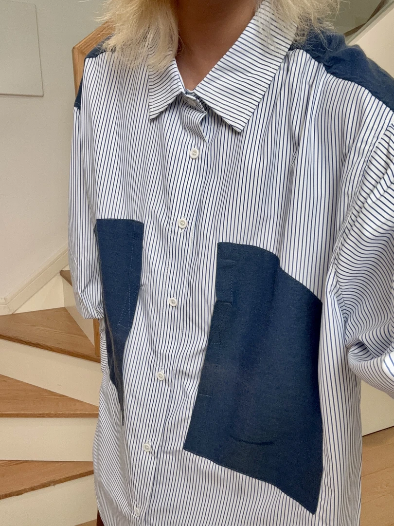 美式复古大口袋拼接衬衫女设计感小众宽松条纹衬衣潮