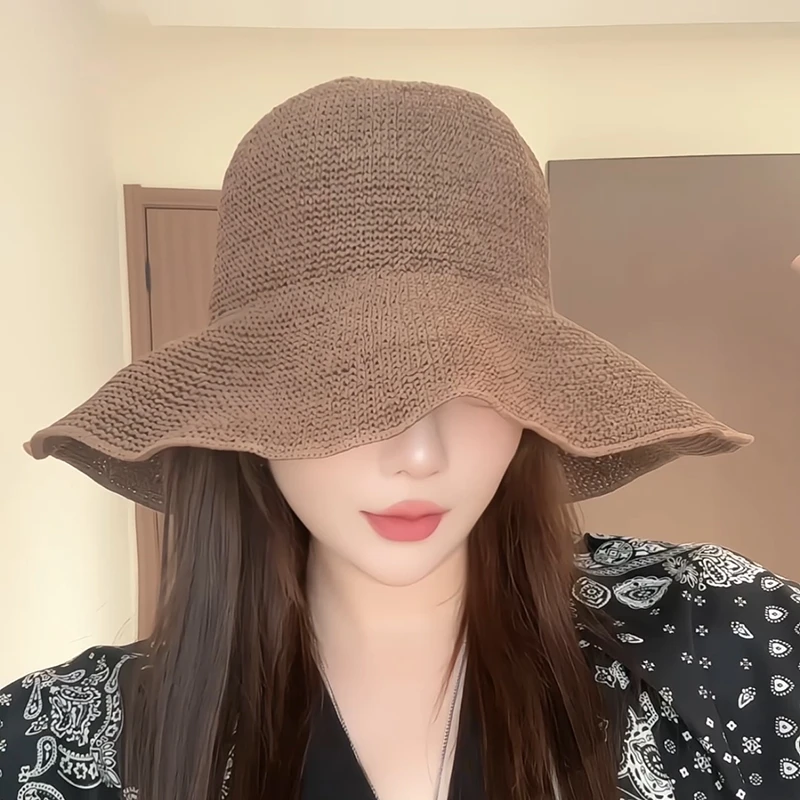 夏季出游防晒帽子女手工草编时尚百搭显脸小大帽檐渔夫帽遮阳帽潮