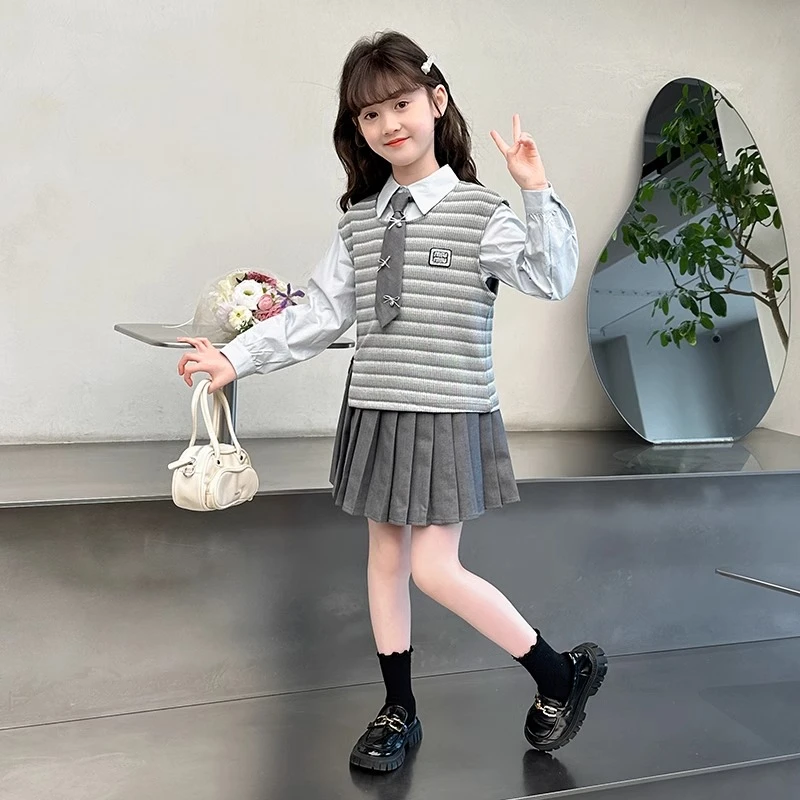 女宝宝学院风套装裙2025春秋装新款jk百褶裙时尚条纹韩系马甲套装