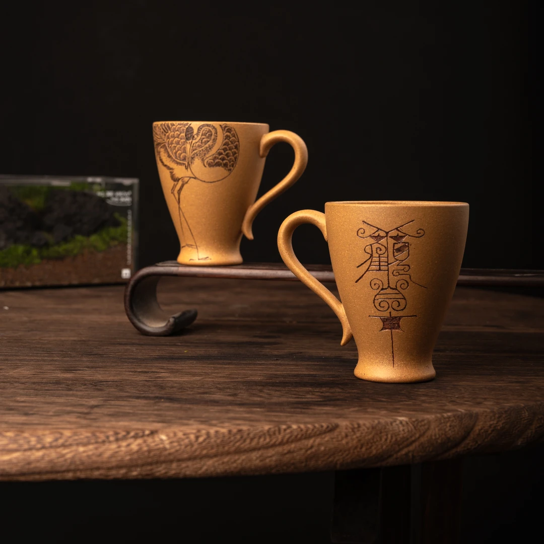 木隐砂堂 主人杯 100cc 仙鹤 刻绘 把杯 紫砂杯 缎泥 茶器 茶具
