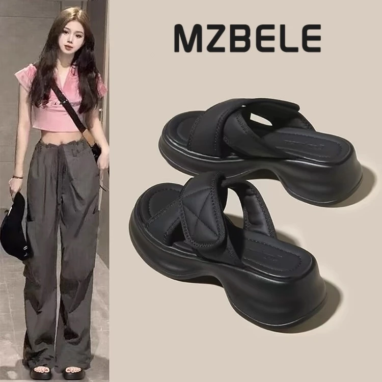 梦孜百丽凉拖鞋女2025夏季新款一字拖厚底魔术贴交叉休闲沙滩鞋