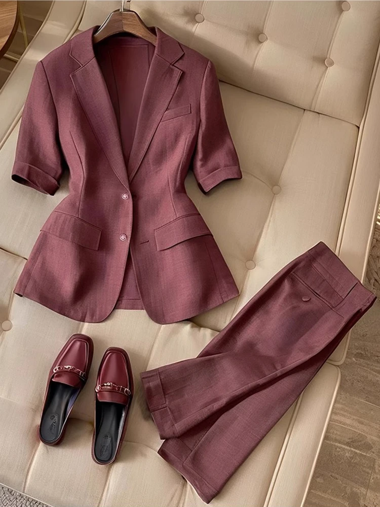 2025超火夏装一整套干练气质轻奢高级感红棕色西装上衣短裤套装女