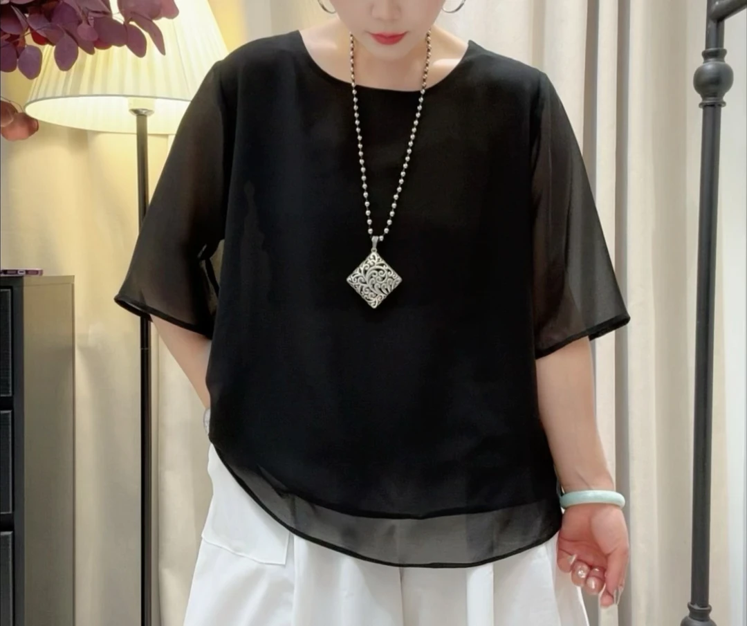 【润路精选】夏季爆款圆领洋气时尚百搭珍珠纱短袖