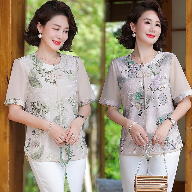 妈妈装夏装冰丝短袖T恤60岁中老年人女夏季宽松显瘦清凉透气上衣