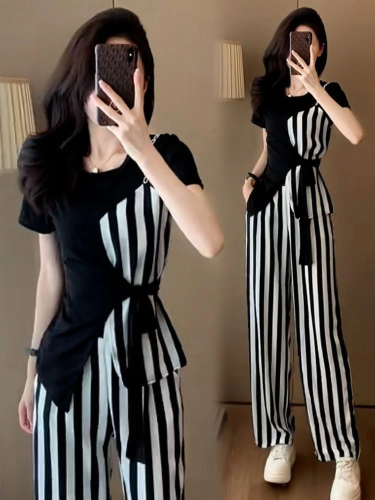 时尚减龄高级套装夏季洋气休闲显瘦运动服条纹阔腿裤两件套