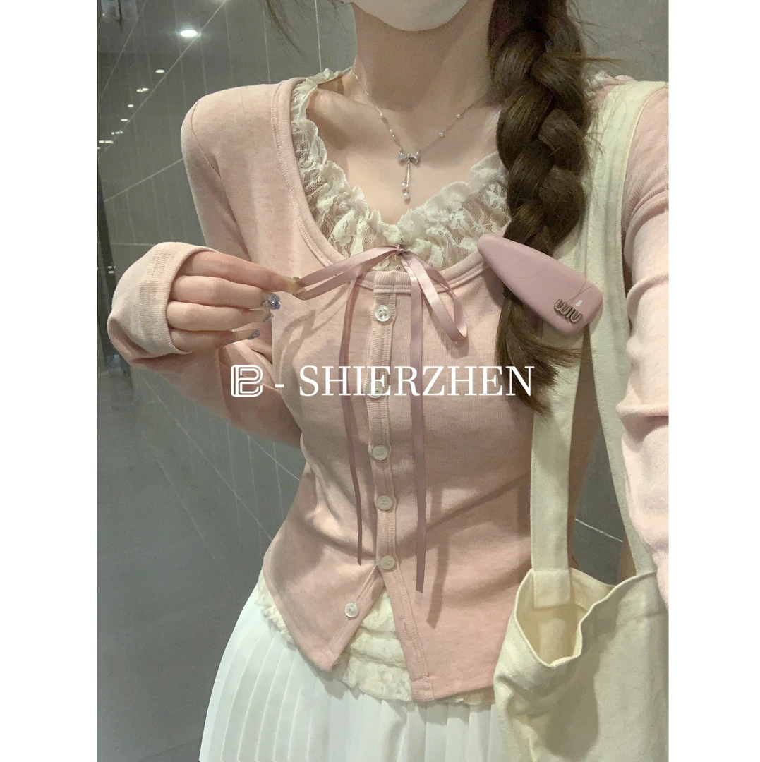 2025早春韩版蕾丝设计感纽扣蝴蝶结圆领套头修身百搭长袖上衣女
