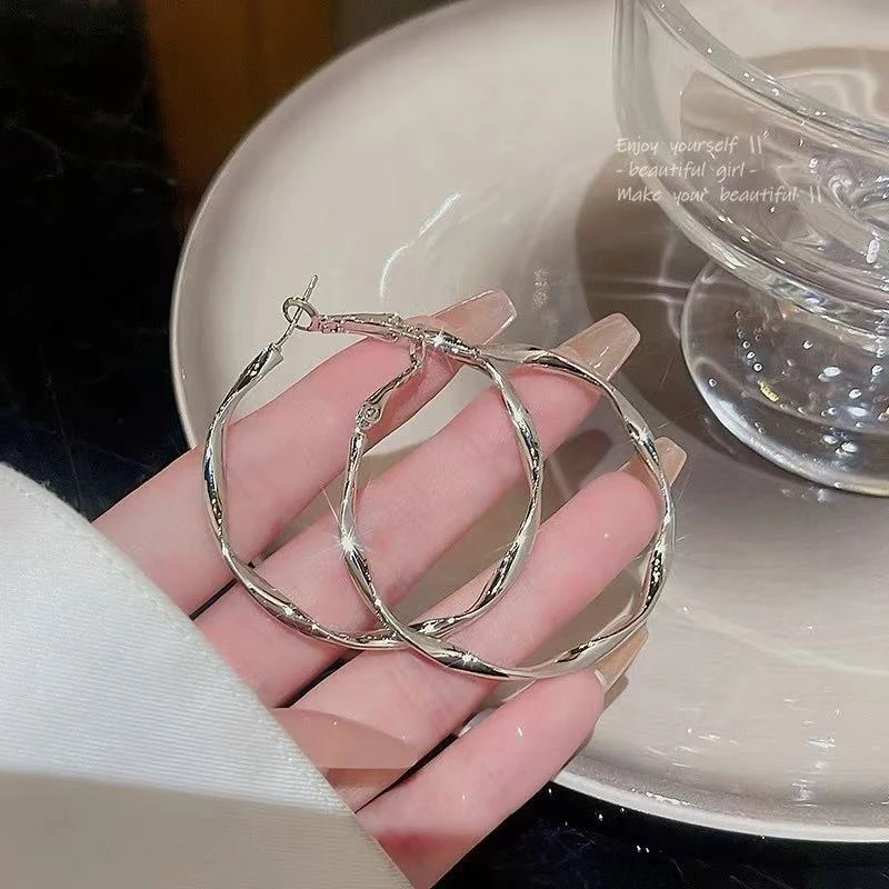 925银针夸张大圆圈耳环女轻奢简约高级感感素圈耳圈个性百搭耳饰