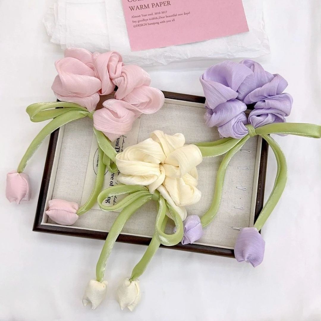 甜美郁金香百搭大肠发圈女高级感气质头绳发饰皮套高马尾高端发绳