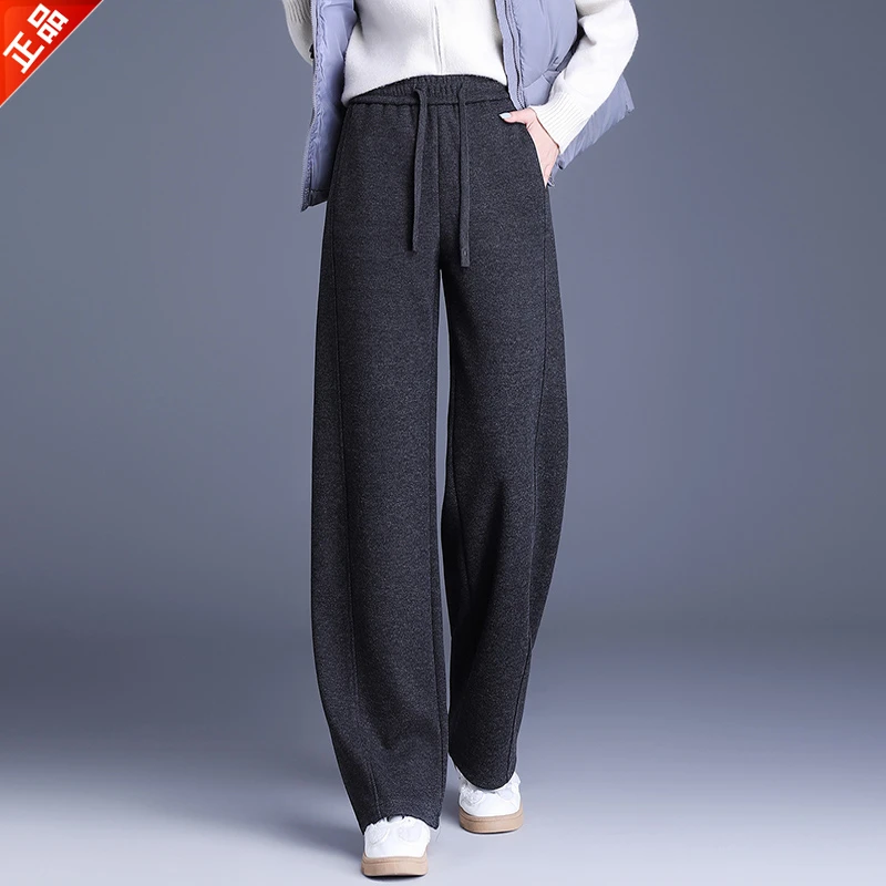 正品2025新款冬季休闲阔腿裤女时尚高腰垂感宽松直筒羊毛呢裤爆款