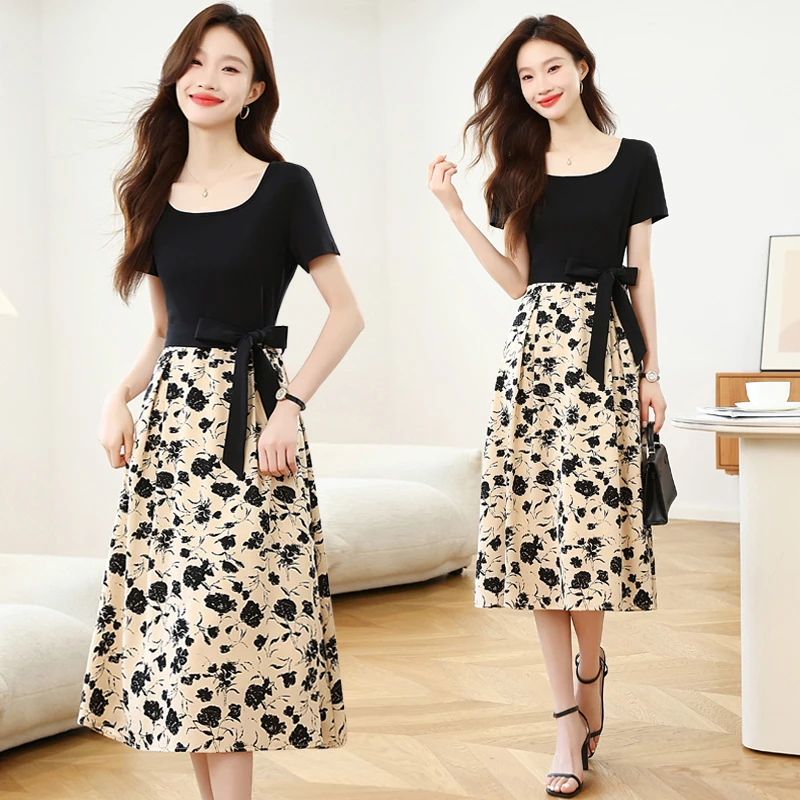 复古植物花卉印花宽松腰短袖连衣裙女夏季轻职风A字裙法式高腰