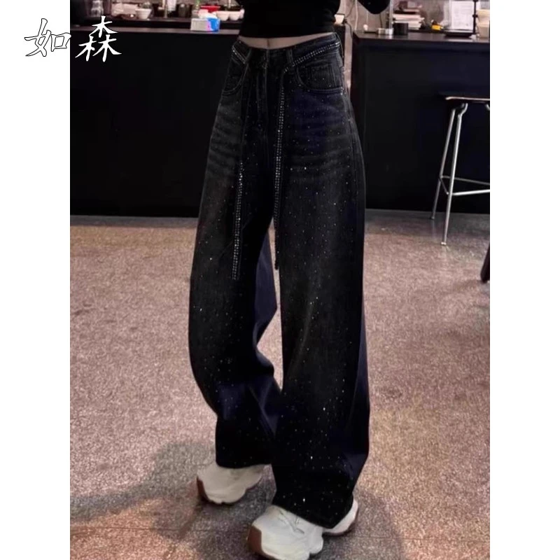 法式烫钻黑色直筒牛仔裤女春秋新款大码宽松显瘦设计感窄版阔腿裤