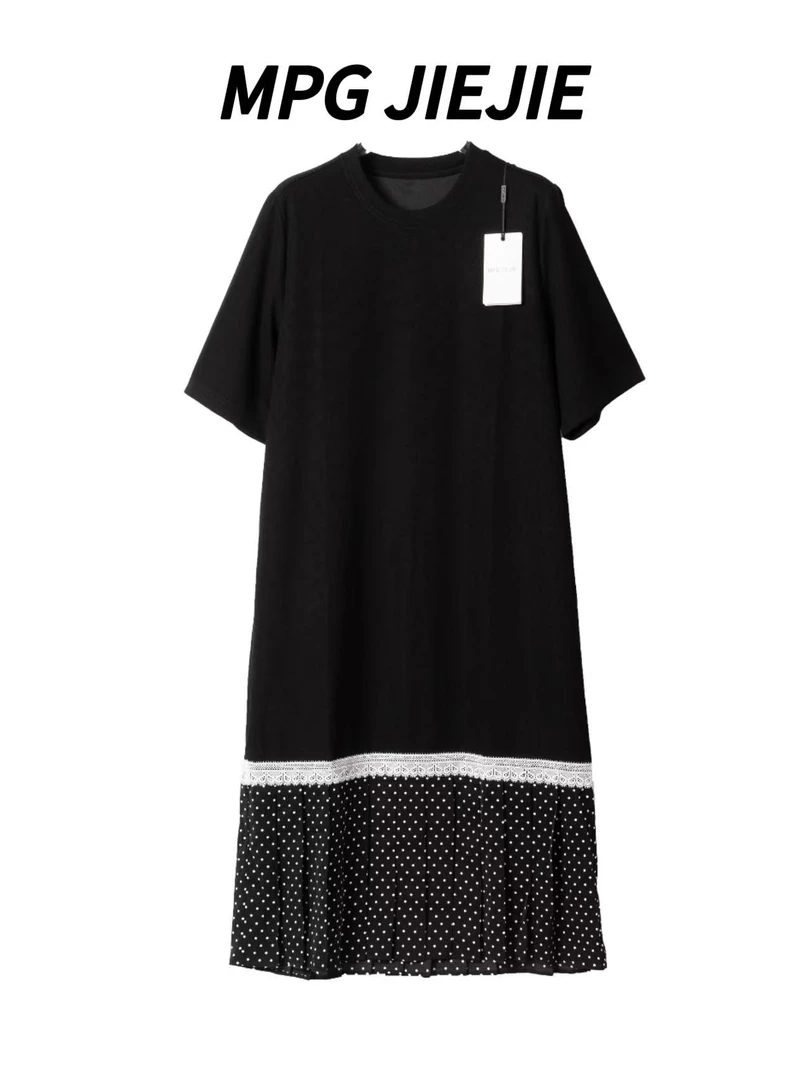 MPG JIEJIE【波点少女】大码正肩薄款中长款弹力拼接波点连衣裙