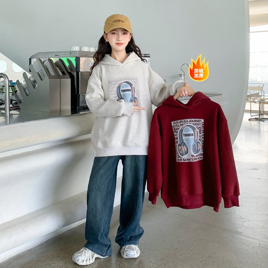 女童卫衣秋冬2025新款儿童宽松长袖连帽女孩洋气圆领上衣Q61571