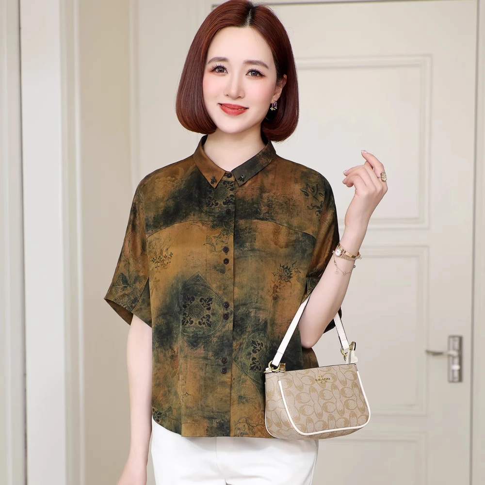 杭州丝绸香云纱高档时尚妈妈夏装2025新真丝上衣女桑蚕丝短袖衬衫