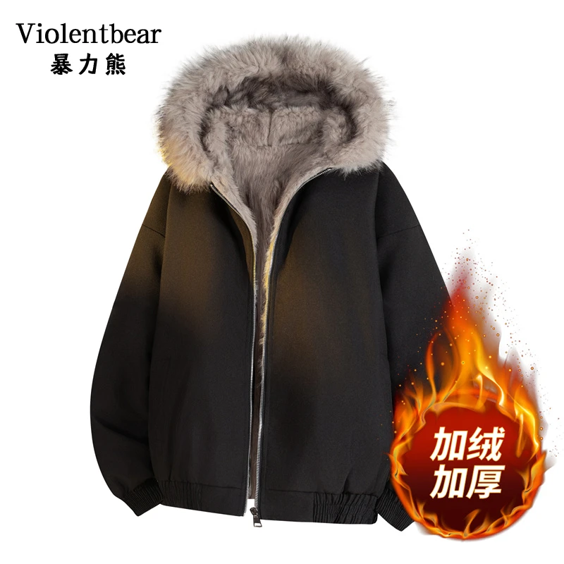 暴力熊新款毛领连帽棉衣男女同款双面穿加厚保暖棉服外套冬季宽松