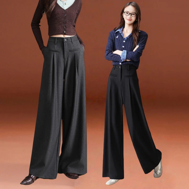 哥弟阿玛施正品羊毛阔腿休闲裤女2025春秋新款时尚韩版西装拖地裤