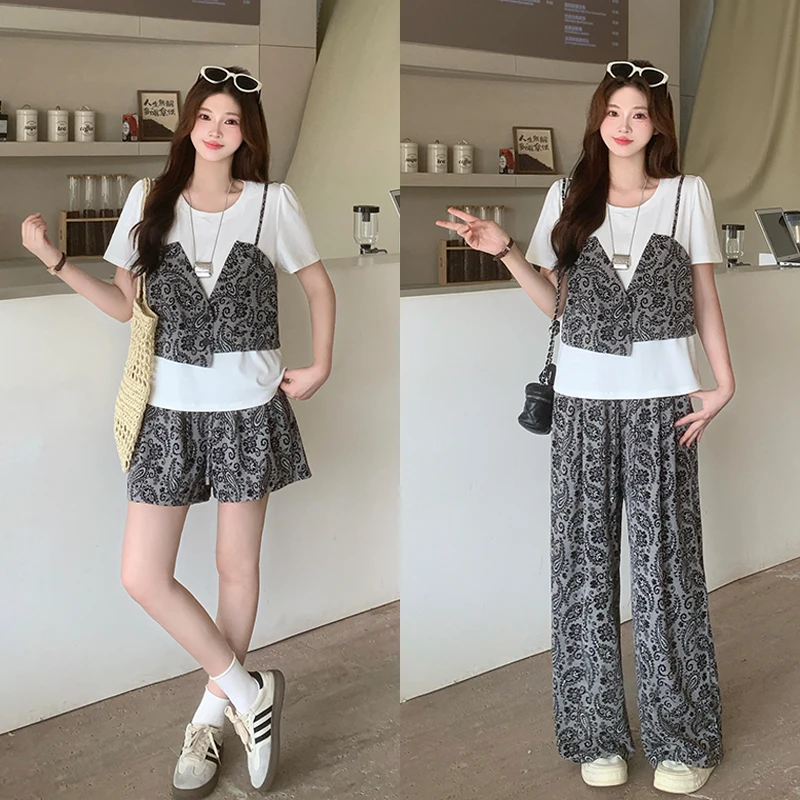 2025夏季新款胖mm女时尚百搭套装22036上衣+22055长裤+22056短裤