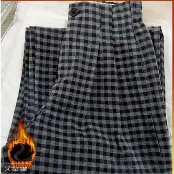 冬季加绒加厚格子西装阔腿裤女小个子大码显瘦高腰宽松直筒休闲裤