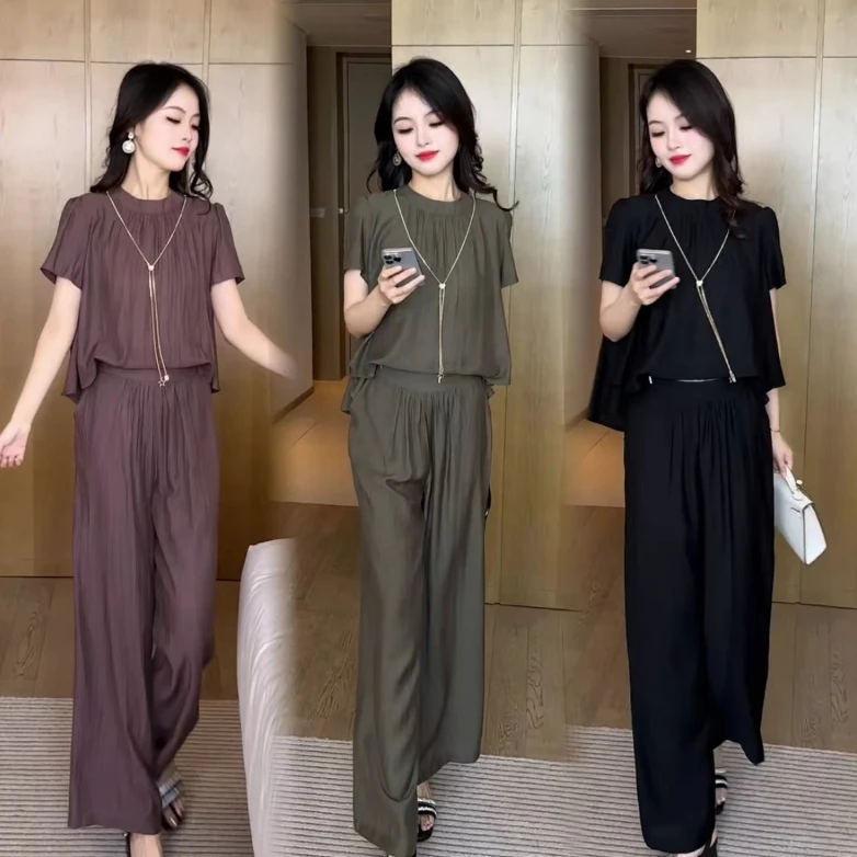 跨境时尚大码套装女2024夏季洋气宽松遮肚显瘦短袖阔腿裤两件套潮