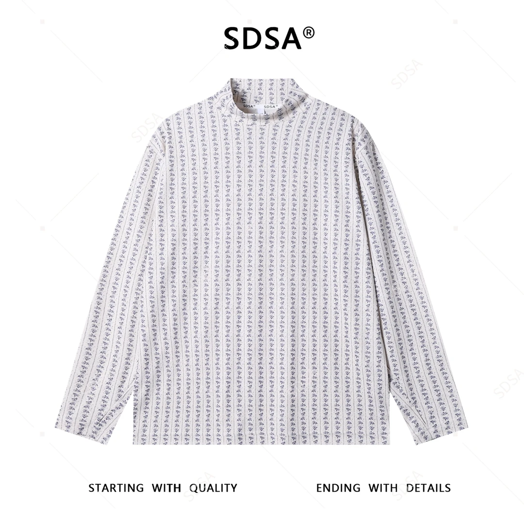 SDSA秋冬新款痞帅男装潮牌撞色植物花卉竖纹半高领长袖T恤百搭