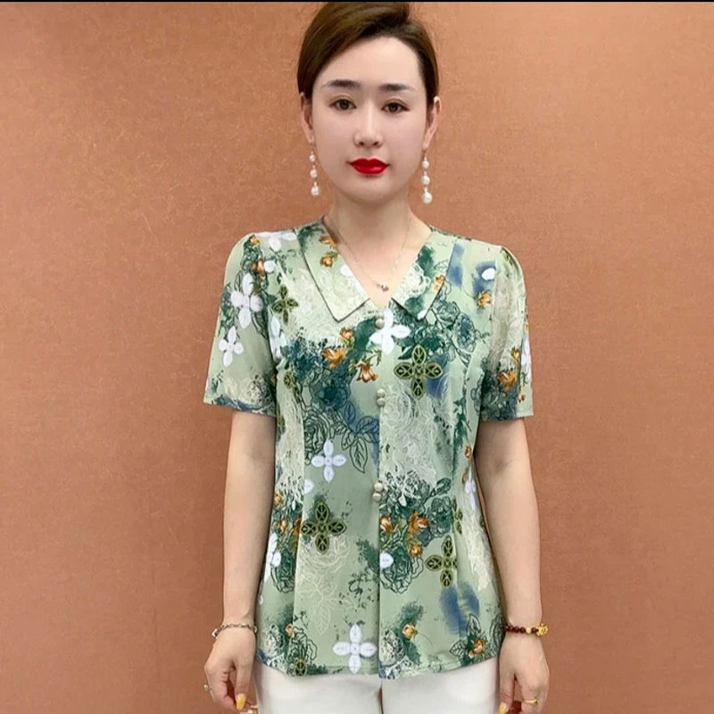 短袖气质中老年妈妈装印花时尚打底衫女装显瘦女士洋气上衣夏季潮