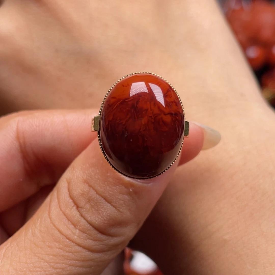南红玛瑙18K金镶嵌珠宝奇石善**真戒指