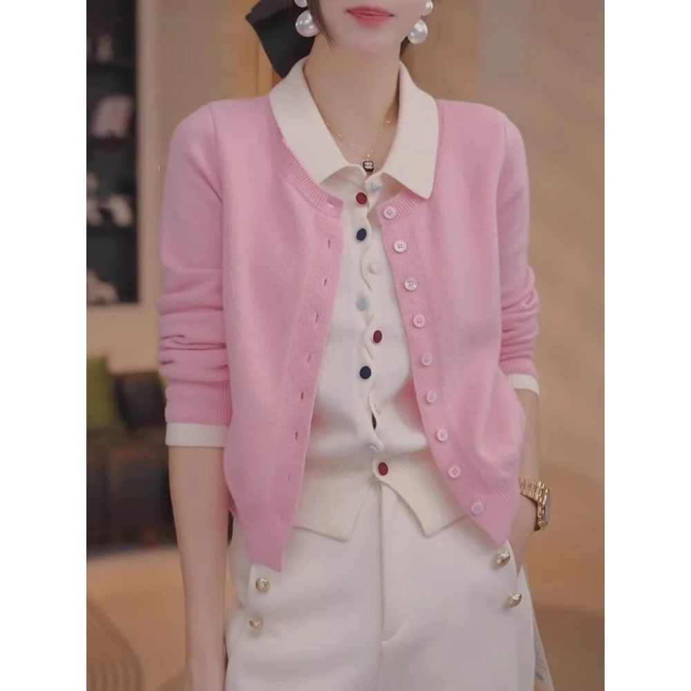 假两件彩扣翻领针织开衫女款毛衣外套2025年春季新款慵懒长袖上衣