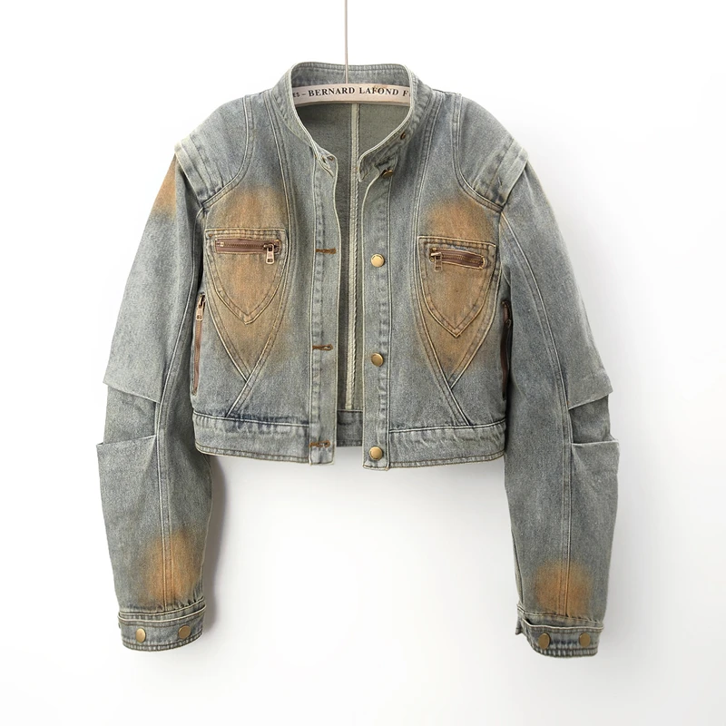 2025春季新款复古时尚立领长袖牛仔外套女短款机车夹克小个子上衣