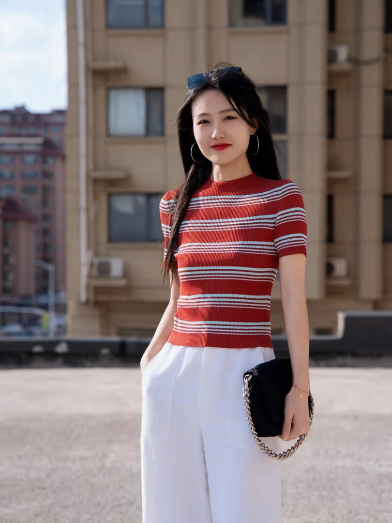 【商场同款】2025夏新款半高领撞色条纹针织衫女短袖t恤上衣538047