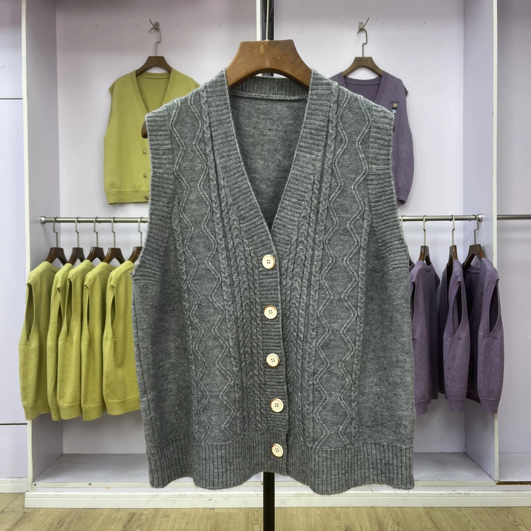 258无袖日系菱格钩花古着V领女士新款春秋冬休闲纯色百搭坎肩上衣