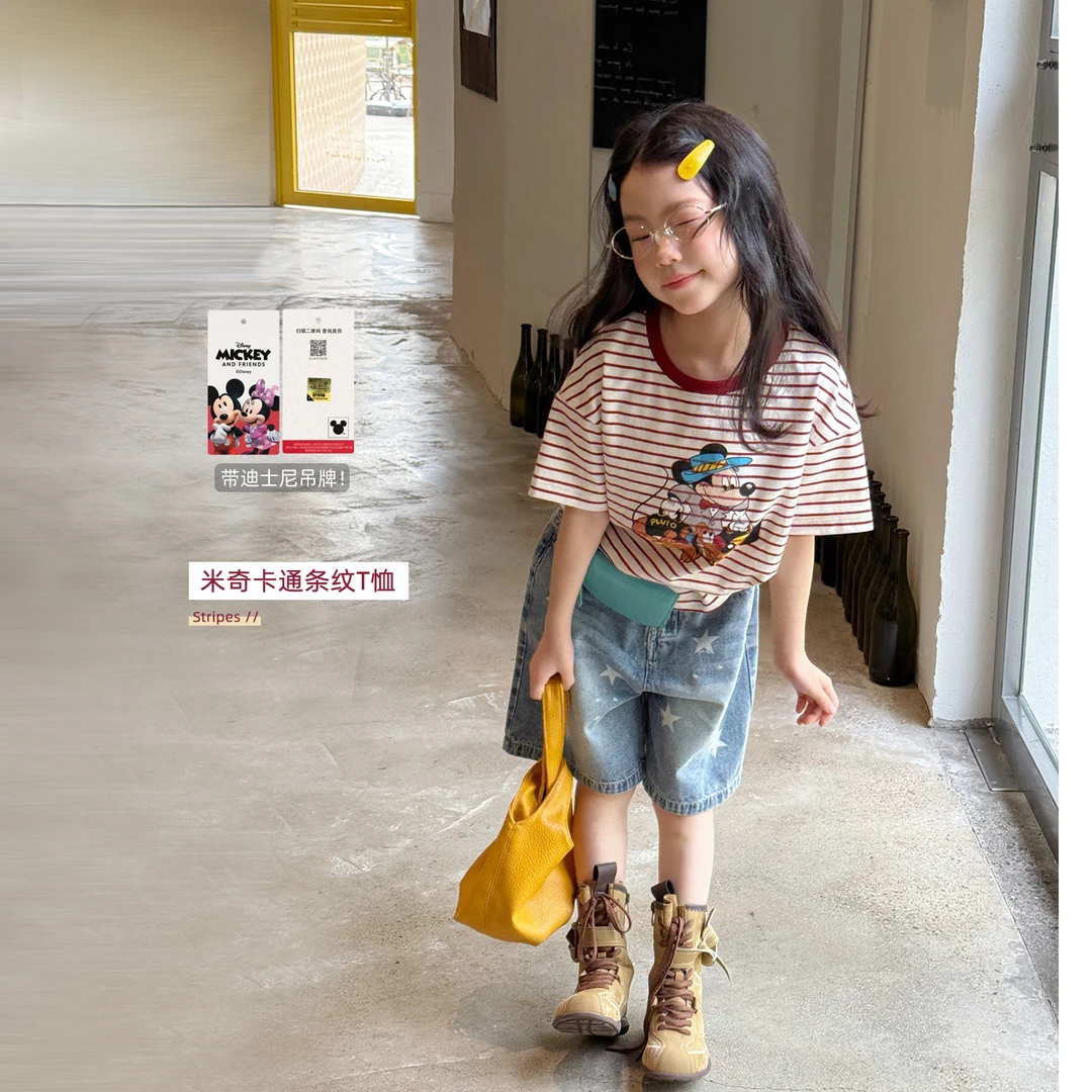 「麦麦秋」【米奇日记】棉感条纹女中大童夏季撞色卡通条纹T恤MX69472