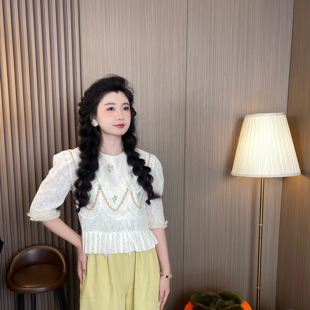 MUMU家【春晓儿】设计款甜美刺绣衬衣上衣半袖夏季