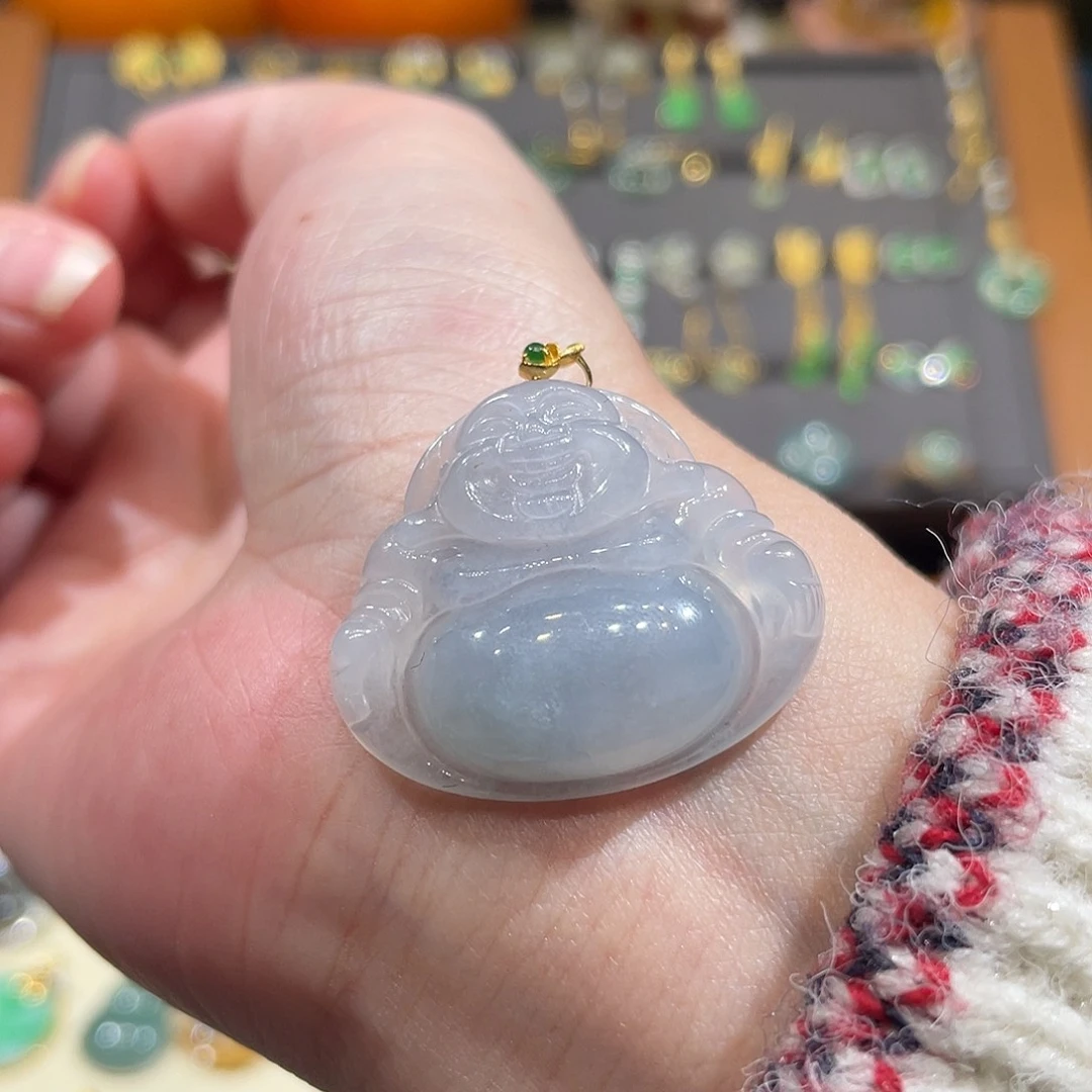 翡翠颈饰18K金镶嵌飘花佛公