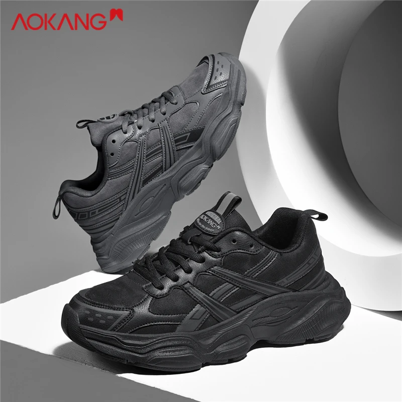 Aokang/奥康男鞋2025夏季百搭潮鞋男士透气黑色休闲厚底跑步鞋