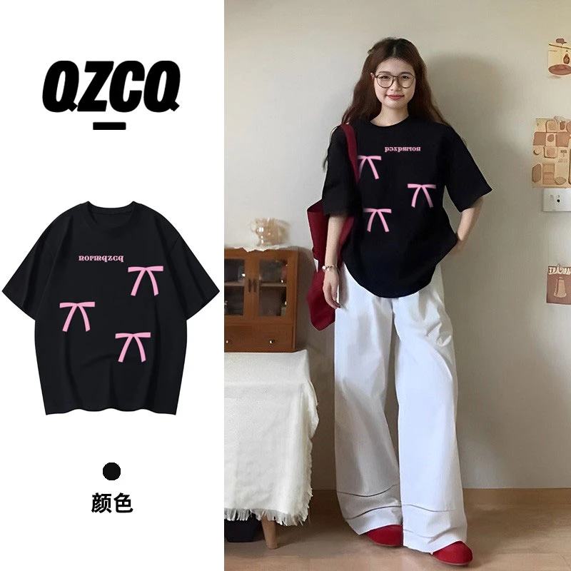 QZCQ蝴蝶结宽松港风百搭短袖t恤韩版潮休闲上衣圆领时尚潮流简约