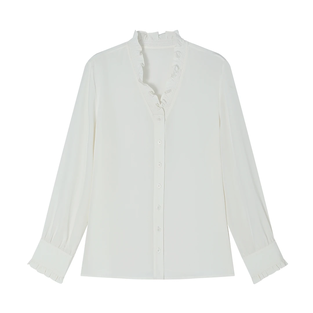 【F·J】春夏新款花边领桑蚕丝长袖衬衫FJ9802C-1