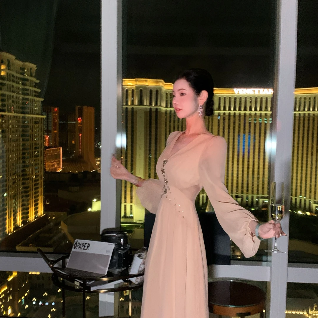 【雅乔定制】柔雾絮语 V领钉钻长袖雪纺连衣裙DYTH-25063926