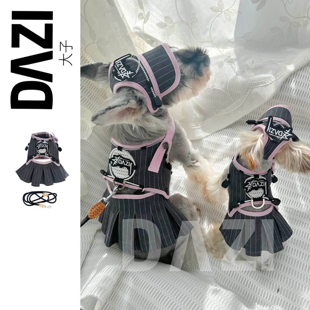 DAZI大子原创春秋漏背连身百褶裙马甲可牵引