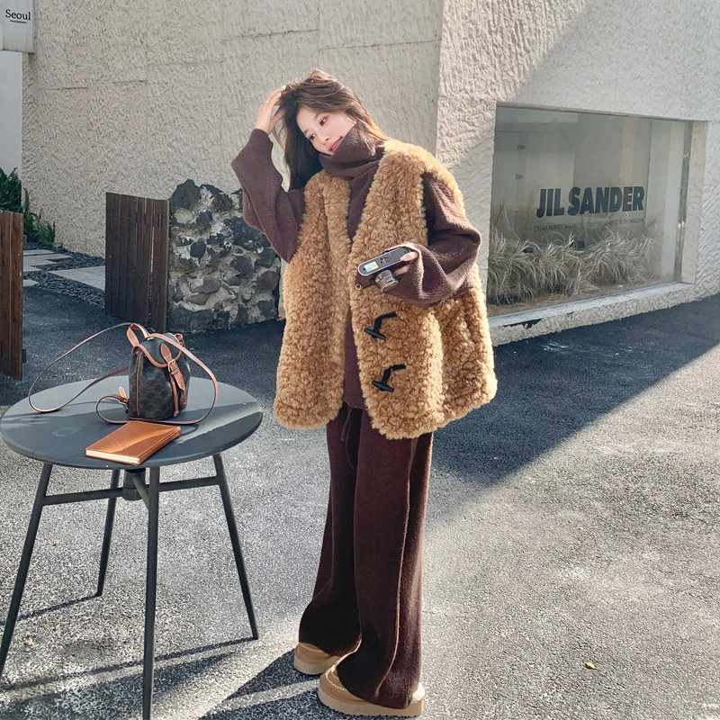 慵懒风韩版ins羊羔毛马甲毛衣套装2025冬季新款小众松弛感三件套