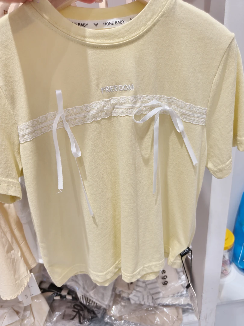 印花休闲短袖纯色蕾丝女童中童圆领米色韩版上衣T恤夏季