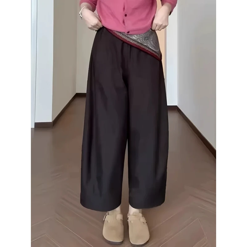 大码咖色松紧腰九分气球裤女早秋微胖mm宽松显瘦阔腿休闲遮跨裤子