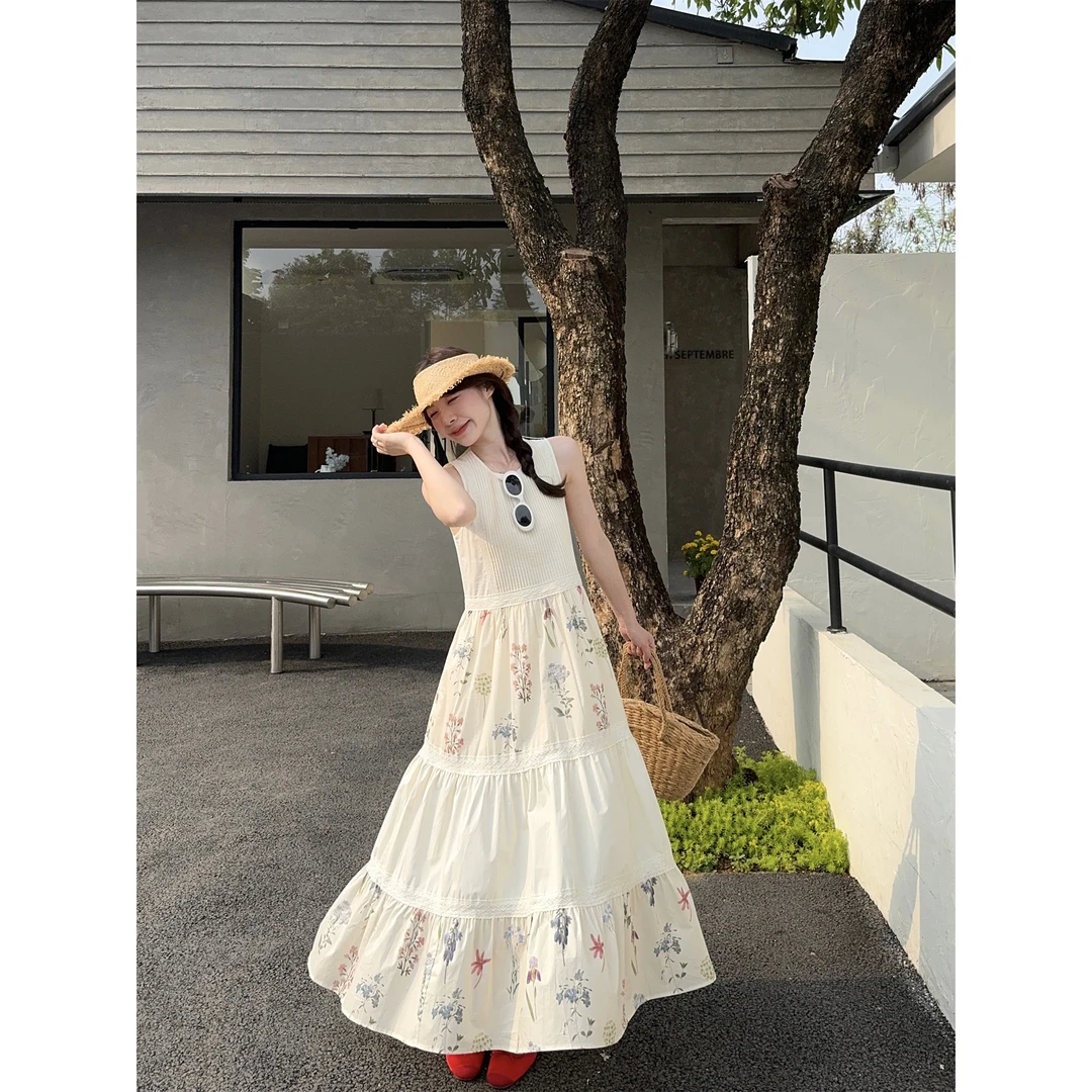 2025夏季新款法式甜美工艺高级感花边拼接撞色碎花背心连衣裙长裙